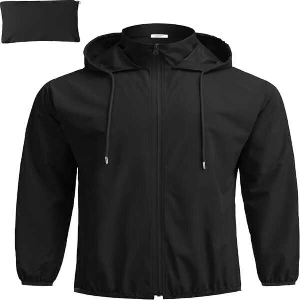 COOFANDY Men's Black Packable Waterproof Rain Jacket with Hood