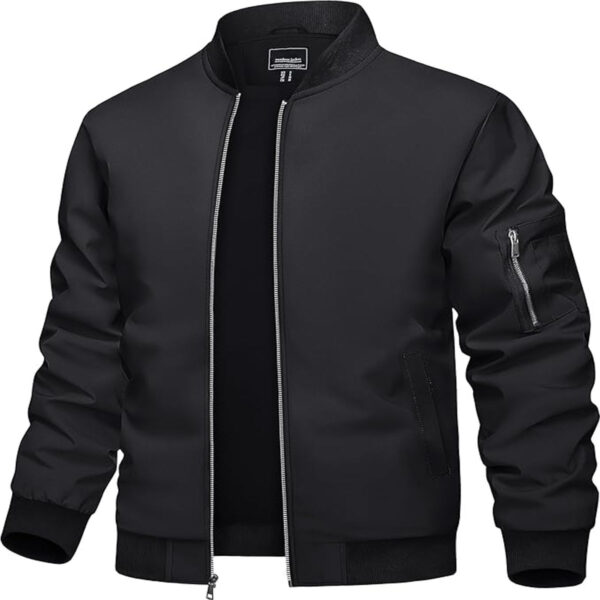 TACVASEN Men’s Black Lightweight Bomber Jacket with Zip-Up Front and Multiple Pockets