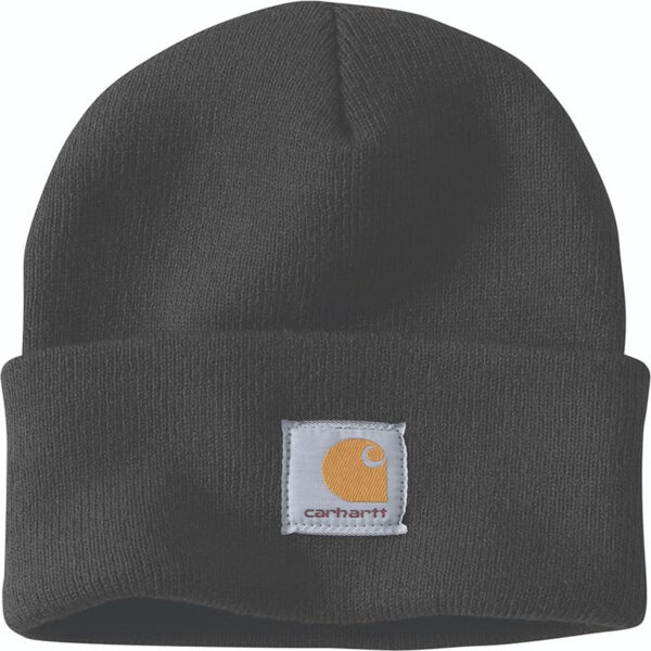 Black Carhartt knit cuffed beanie with Carhartt logo patch on front