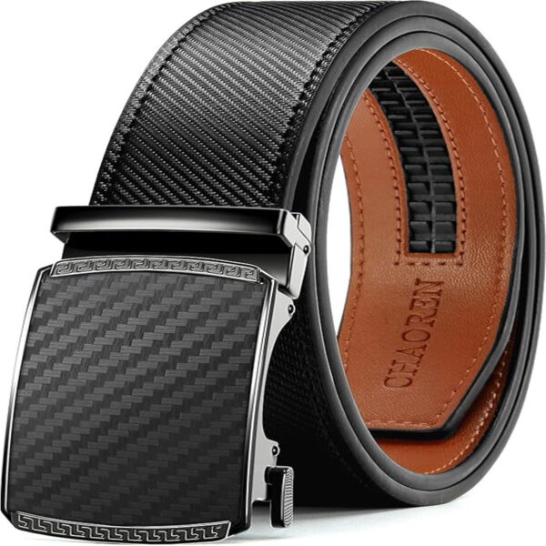 CHAOREN men’s genuine leather ratchet belt with black carbon fiber buckle