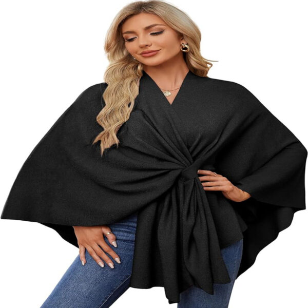 PULI women's elegant black open-front shawl poncho wrap sweater